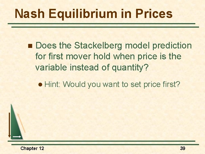 Nash Equilibrium in Prices n Does the Stackelberg model prediction for first mover hold
