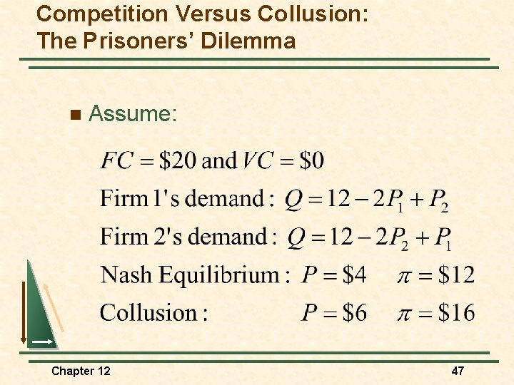 Competition Versus Collusion: The Prisoners’ Dilemma n Assume: Chapter 12 47 