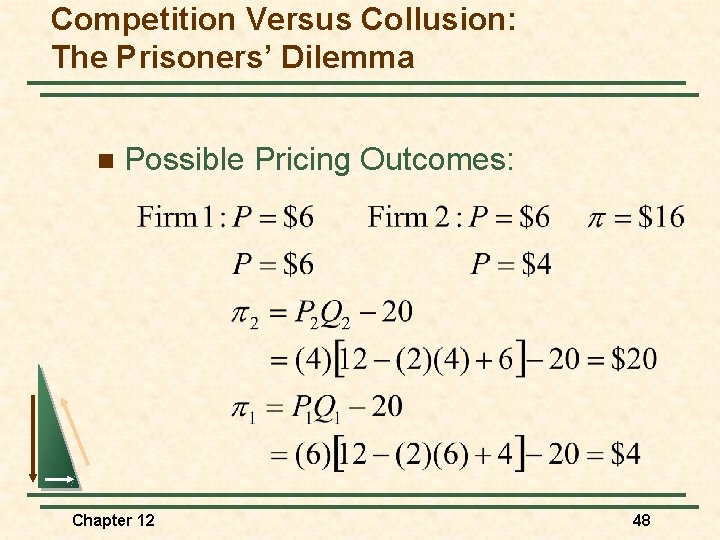 Competition Versus Collusion: The Prisoners’ Dilemma n Possible Pricing Outcomes: Chapter 12 48 