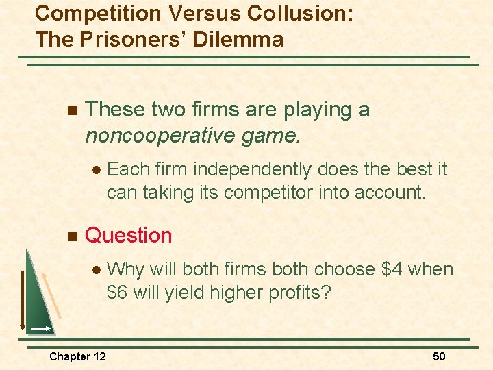 Competition Versus Collusion: The Prisoners’ Dilemma n These two firms are playing a noncooperative