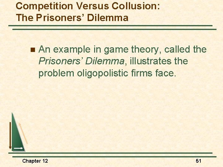 Competition Versus Collusion: The Prisoners’ Dilemma n An example in game theory, called the