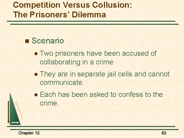 Competition Versus Collusion: The Prisoners’ Dilemma n Scenario l Two prisoners have been accused