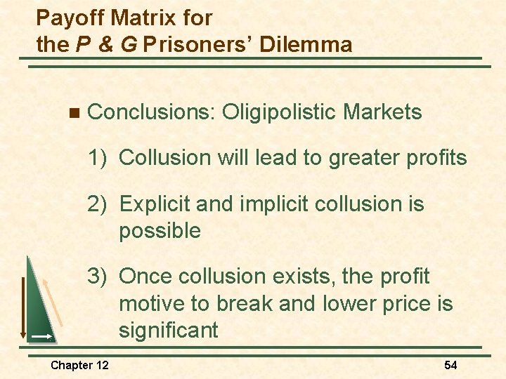 Payoff Matrix for the P & G Prisoners’ Dilemma n Conclusions: Oligipolistic Markets 1)
