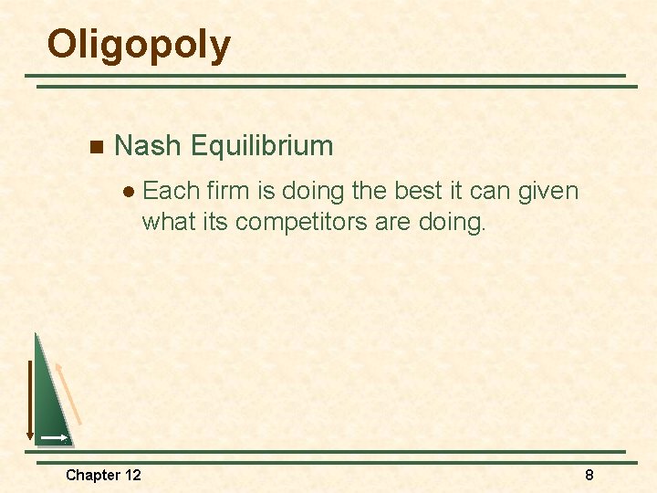 Oligopoly n Nash Equilibrium l Chapter 12 Each firm is doing the best it