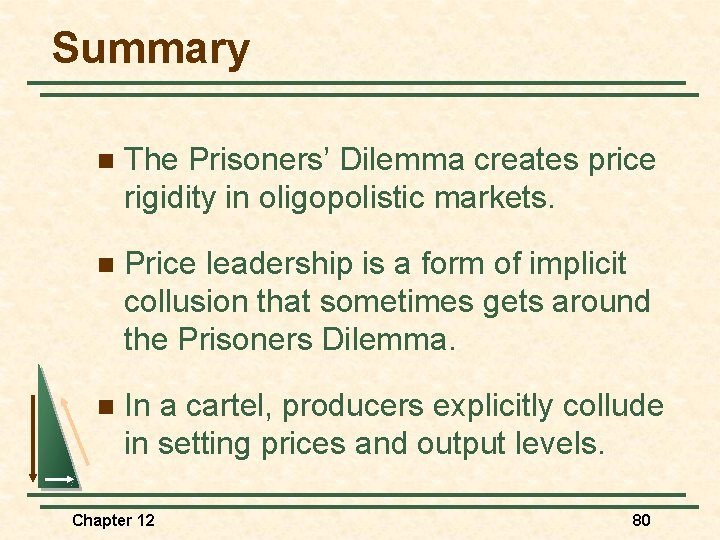 Summary n The Prisoners’ Dilemma creates price rigidity in oligopolistic markets. n Price leadership
