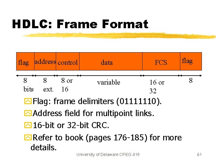 HDLC: Frame Format flag address control 8 bits 8 ext. 8 or 16 data