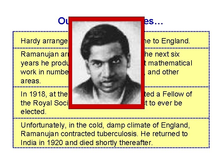 Our Story Continues… Hardy arranged for Ramanujan to come to England. Ramanujan arrived in