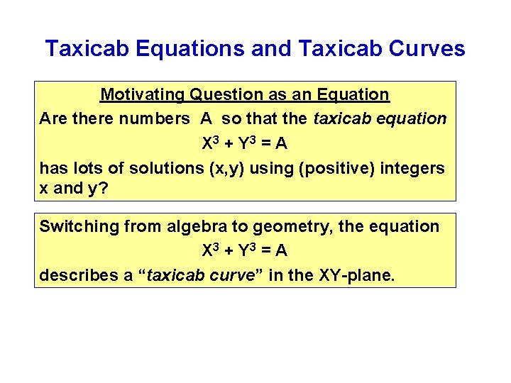 Taxicab Equations and Taxicab Curves Motivating Question as an Equation Are there numbers A