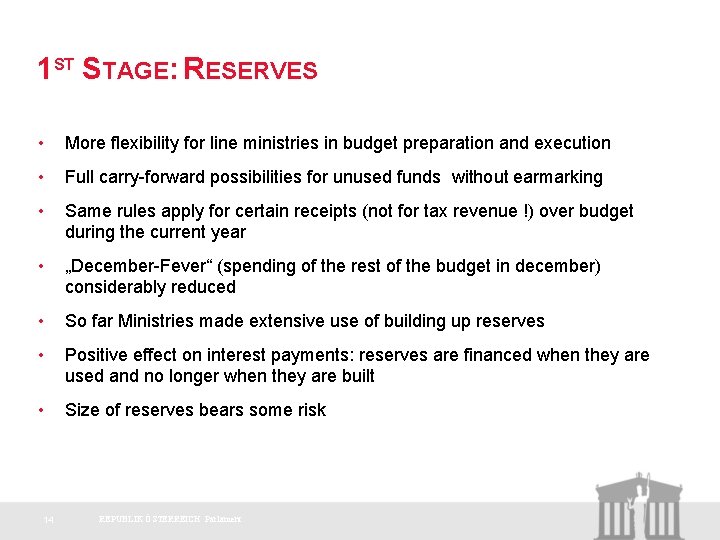 1 ST STAGE: RESERVES • More flexibility for line ministries in budget preparation and