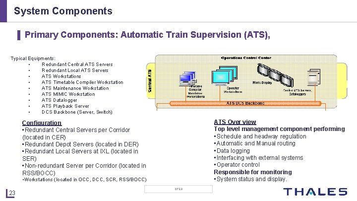 System Components ▌ Primary Components: Automatic Train Supervision (ATS), Typical Equipments: • Redundant Central