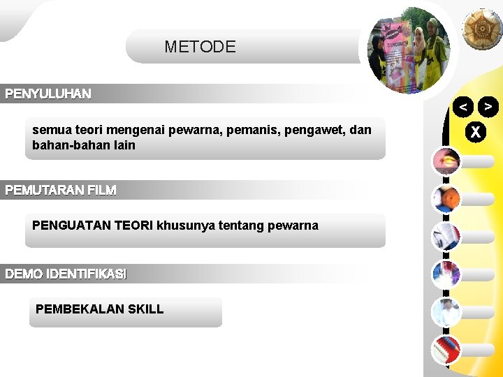 METODE semua teori mengenai pewarna, pemanis, pengawet, dan bahan-bahan lain PEMUTARAN FILM PENGUATAN TEORI