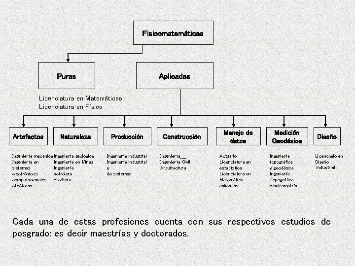 Fisicomatemáticas Puras Aplicadas Licenciatura en Matemáticas Licenciatura en Física Artefactos Naturaleza Ingeniería mecánica Ingeniería