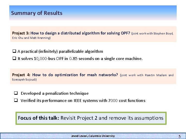 Summary of Results Project 3: How to design a distributed algorithm for solving OPF?