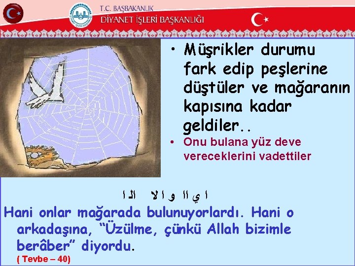  • Müşrikler durumu fark edip peşlerine düştüler ve mağaranın kapısına kadar geldiler. .