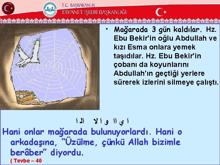  • Mağarada 3 gün kaldılar. Hz. Ebu Bekir'in oğlu Abdullah ve kızı Esma