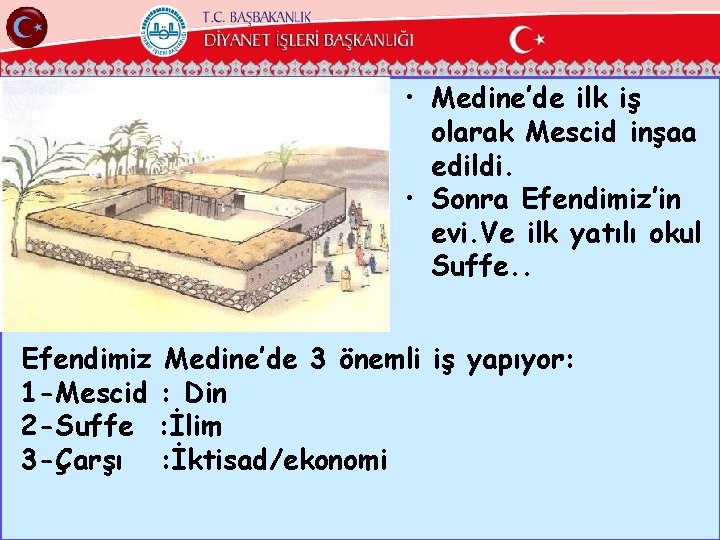  • Medine’de ilk iş olarak Mescid inşaa edildi. • Sonra Efendimiz’in evi. Ve