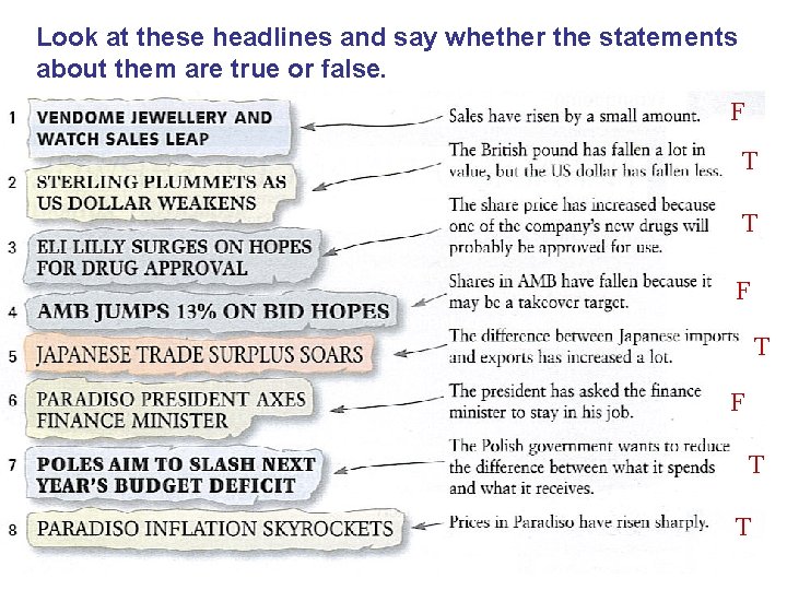 Look at these headlines and say whether the statements about them are true or