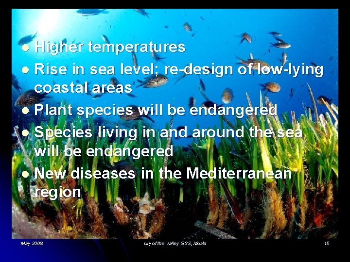 Higher temperatures l Rise in sea level; re-design of low-lying coastal areas l Plant