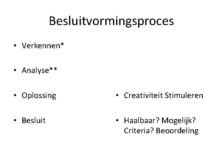 Besluitvormingsproces • Verkennen* • Analyse** • Oplossing • Creativiteit Stimuleren • Besluit • Haalbaar?