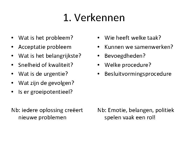 1. Verkennen • • Wat is het probleem? Acceptatie probleem Wat is het belangrijkste? 1. Verkennen • • Wat is het probleem? Acceptatie probleem Wat is het belangrijkste?
