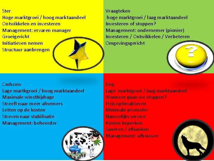 Ster Hoge marktgroei / hoog marktaandeel Ontwikkelen en investeren Management: ervaren manager Groeigericht Initiatieven