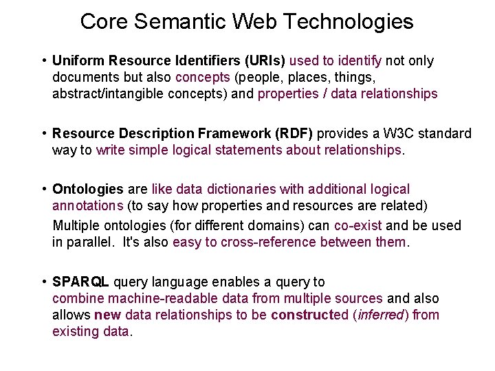 Core Semantic Web Technologies • Uniform Resource Identifiers (URIs) used to identify not only