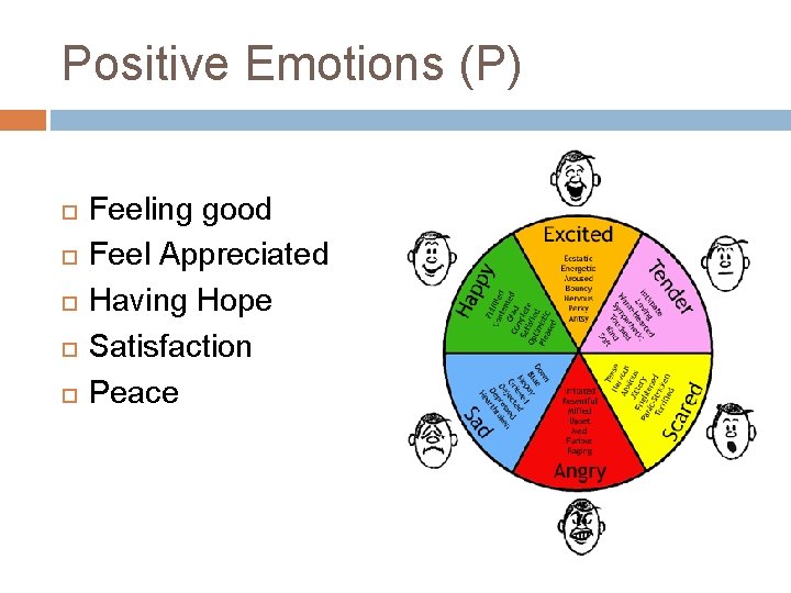Positive Emotions (P) Feeling good Feel Appreciated Having Hope Satisfaction Peace 