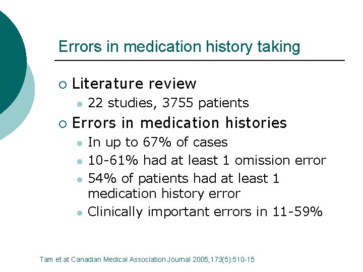 Errors in medication history taking ¡ Literature review l ¡ 22 studies, 3755 patients