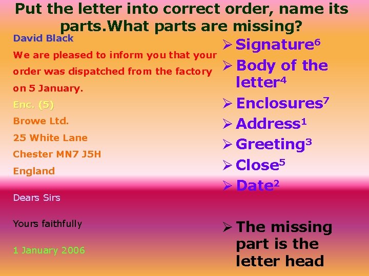 Put the letter into correct order, name its parts. What parts are missing? David