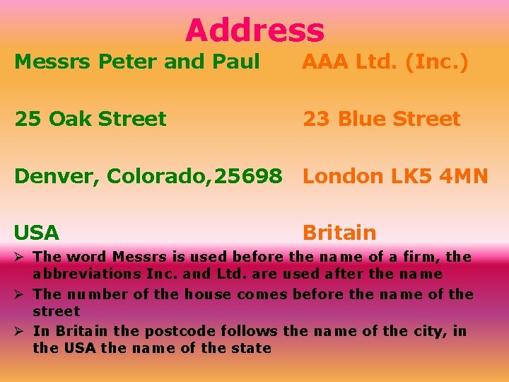 Address Messrs Peter and Paul AAA Ltd. (Inc. ) 25 Oak Street 23 Blue