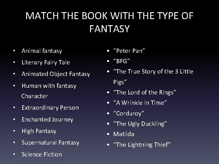 MATCH THE BOOK WITH THE TYPE OF FANTASY • Animal fantasy • “Peter Pan”