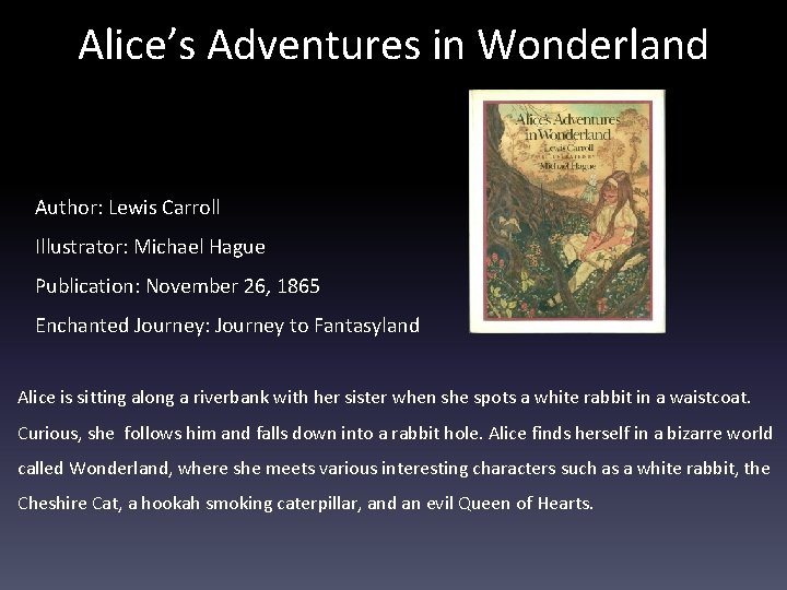 Alice’s Adventures in Wonderland Author: Lewis Carroll Illustrator: Michael Hague Publication: November 26, 1865