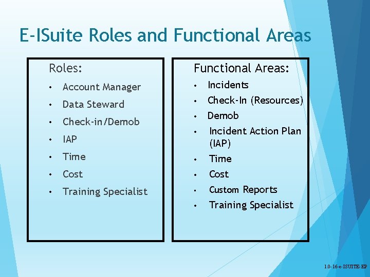 E-ISuite Roles and Functional Areas Roles: Functional Areas: • Account Manager • • Data