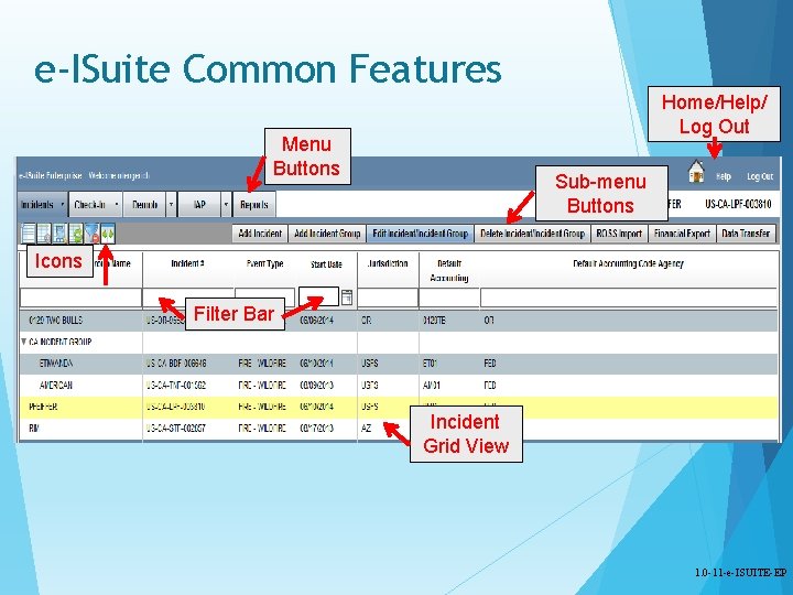 e-ISuite Common Features Home/Help/ Log Out Menu Buttons Sub-menu Buttons Icons Filter Bar Incident