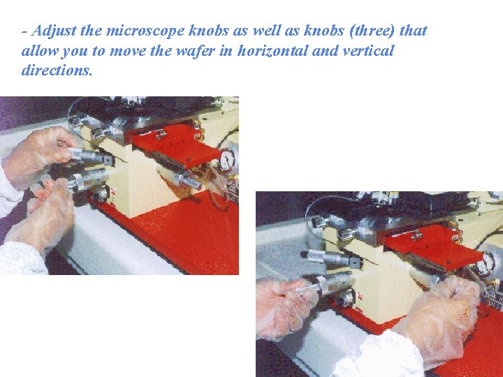 - Adjust the microscope knobs as well as knobs (three) that allow you to