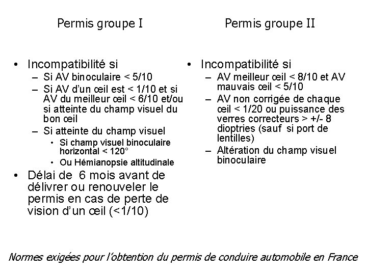 Permis groupe I • Incompatibilité si – Si AV binoculaire < 5/10 – Si