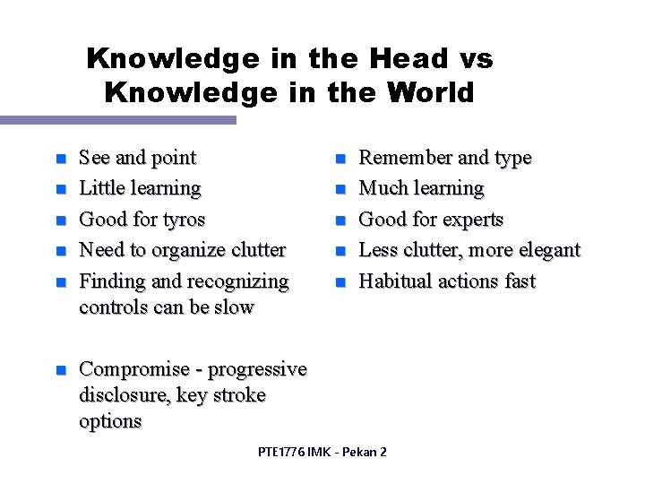 Knowledge in the Head vs Knowledge in the World n n n See and