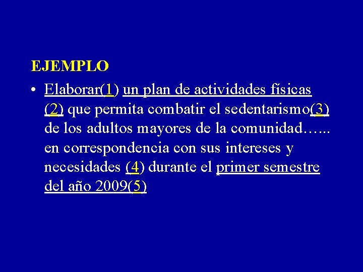 EJEMPLO • Elaborar(1) un plan de actividades físicas (2) que permita combatir el sedentarismo(3)