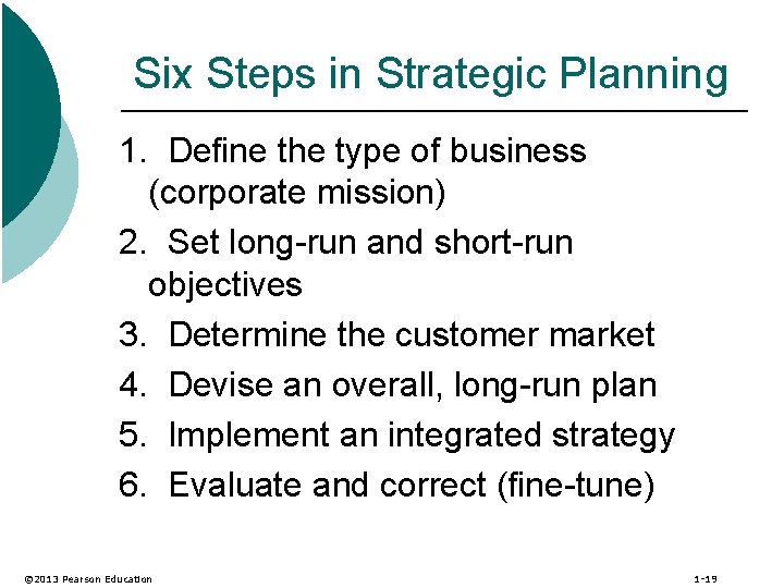 Six Steps in Strategic Planning 1. Define the type of business (corporate mission) 2.