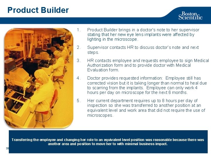 Product Builder 1. Product Builder brings in a doctor’s note to her supervisor stating