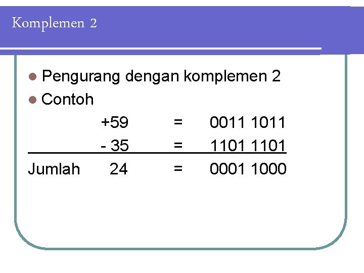 Komplemen 2 l Pengurang dengan komplemen 2 l Contoh Jumlah +59 - 35 24