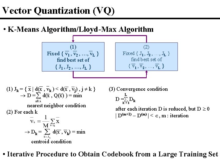 Vector Quantization (VQ) • K-Means Algorithm/Lloyd-Max Algorithm (1) Fixed { v 1 , v