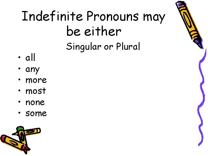 Indefinite Pronouns may be either • • • all any more most none some