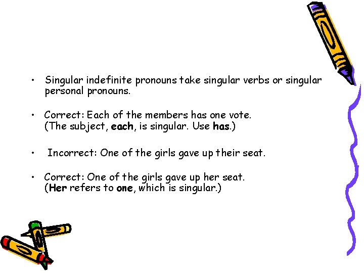  • Singular indefinite pronouns take singular verbs or singular personal pronouns. • Correct: