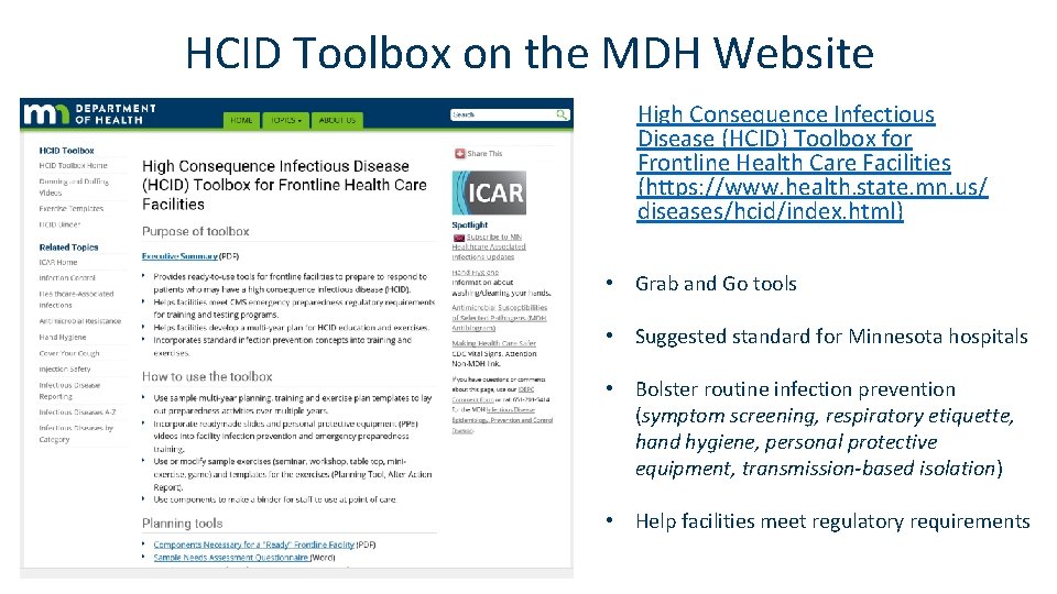 HCID Toolbox on the MDH Website High Consequence Infectious Disease (HCID) Toolbox for Frontline