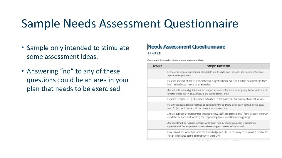 Sample Needs Assessment Questionnaire • Sample only intended to stimulate some assessment ideas. •
