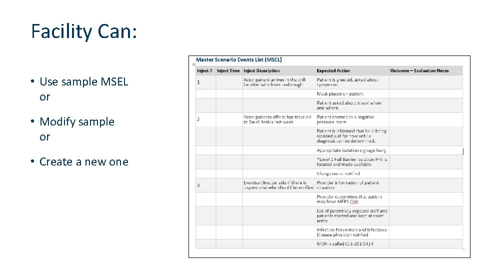 Facility Can: • Use sample MSEL or • Modify sample or • Create a