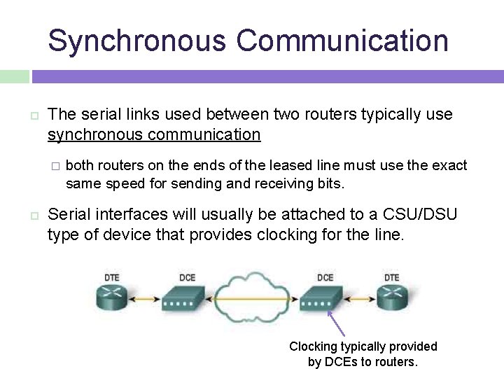  Synchronous Communication The serial links used between two routers typically use synchronous communication