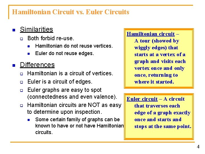 Hamiltonian Circuit vs. Euler Circuits n Similarities q Both forbid re-use. n n n