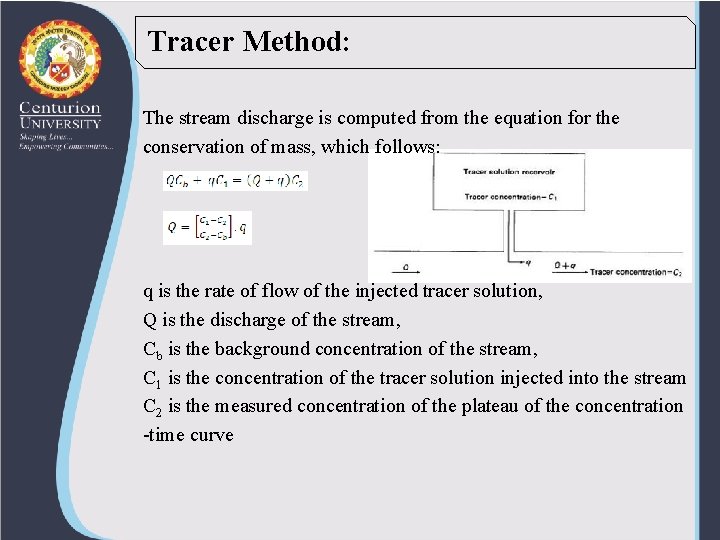 Tracer Method: The stream discharge is computed from the equation for the conservation of